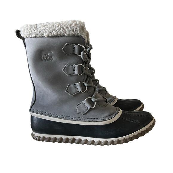 SOREL Caribou Slim Gray Waterproof Snow Boots Sz 9 Faux Fur Insulated Leather - Picture 1 of 7